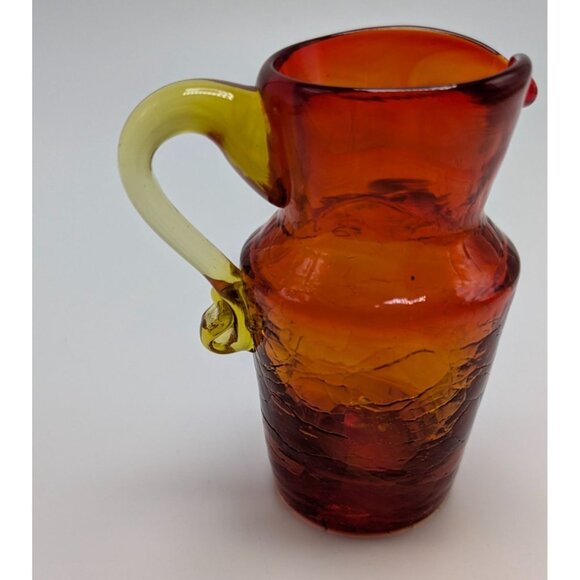 Blown Cracked Glass Amberina Pitcher Applied Handle Red Yellow Orange Vintage - Picture 9 of 10
